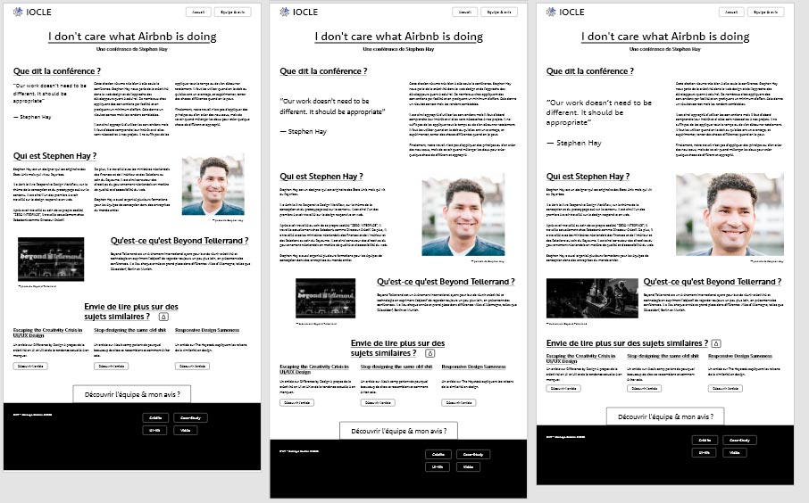 capture d'écran du début du projet; plusieurs plans de travail sont affiché les uns à cotés des autres, tous à l'état de wireframes avancés